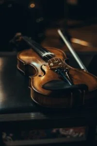 brown violin and a fiddlestick